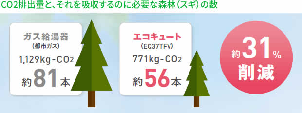 CO2排出量と、それを吸収するのに必要な森林(スギ)の数
