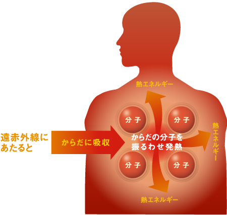 遠赤外線にあたると からだに吸収 からだの分子を振るわせ発熱 熱量の90〜95%がからだに吸収され芯からあったか。